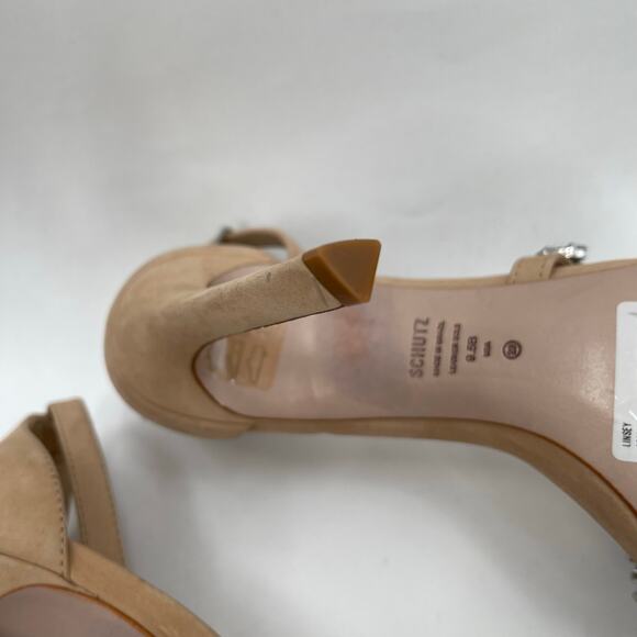 SCHUTZ Linsey Heels Size 9.5 Nubuck Leather Light Nude Rhinestone Square Toe - Picture 9 of 16